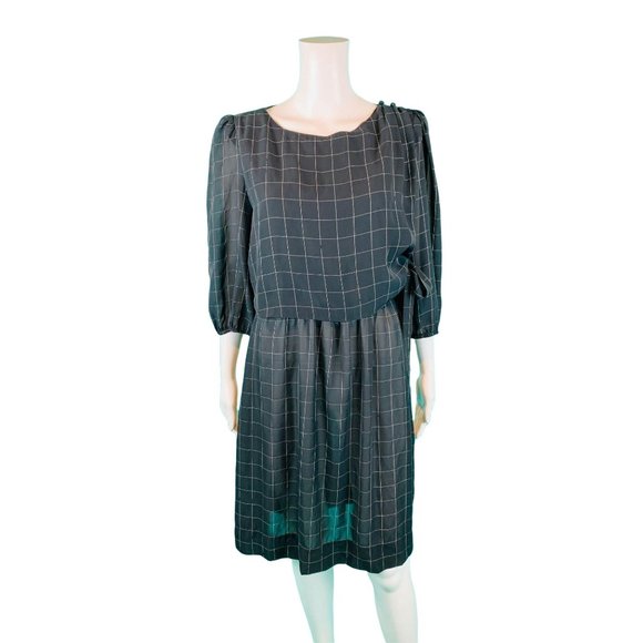 Vintage 80s Sheer Dress Womens Medium Black Windowpane Waist Tie - Picture 1 of 10